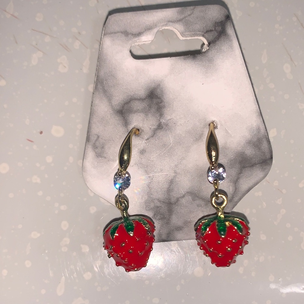 Gold-Tone Red Strawberry Drop Earrings - Unbranded - Picture 4 of 6